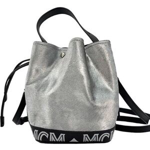 MCM Metallic Calfskin Studded Bucket Bag Silver Black